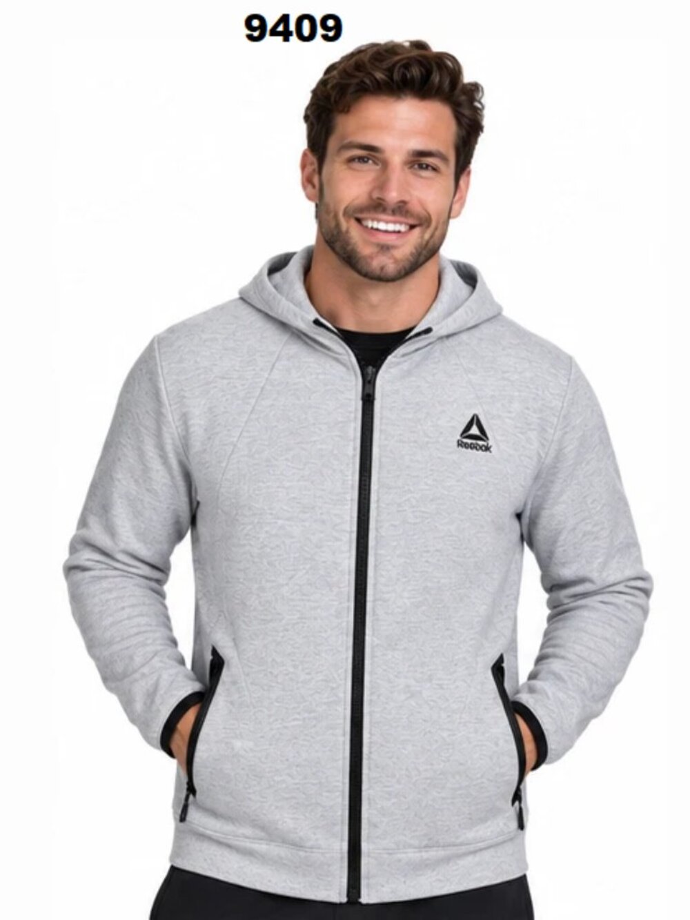 N.W.T Reebok Men's Grey Momentum Fleece Full Zip Hoodie W/Zip Pockets
